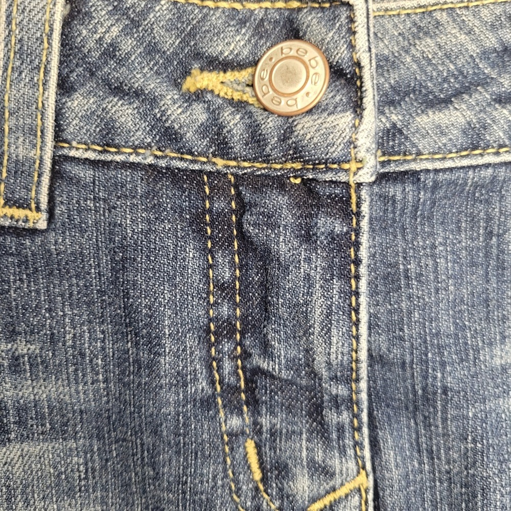 Bebe Denim Mini Skirt Raw Edge Rhinestone Accents Size 29 Y2K Vintage Bling EUC - Picture 4 of 12